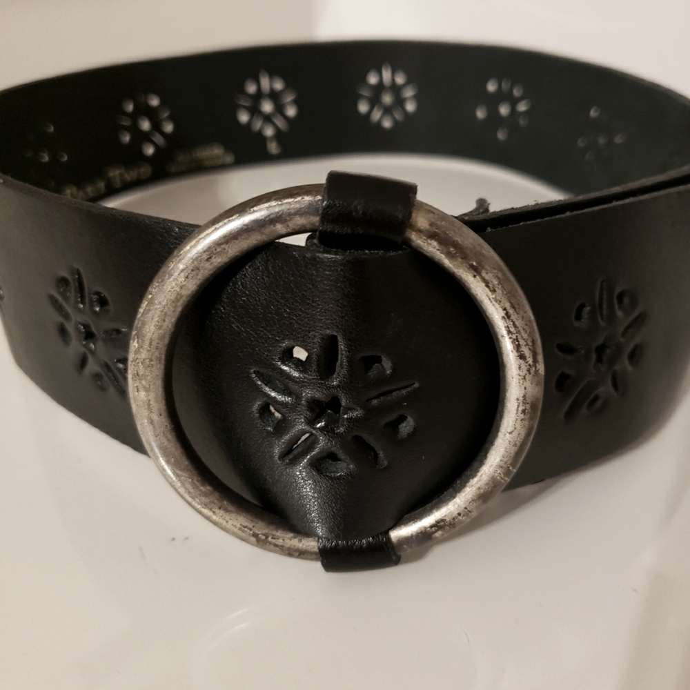 Part Two Leather Belt Floral Cut Out Design Distressed Pounded Metal Buckle W
